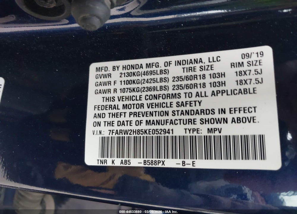 2019 HONDA CR-V EX-L VIN: 7FARW2H85KE052941