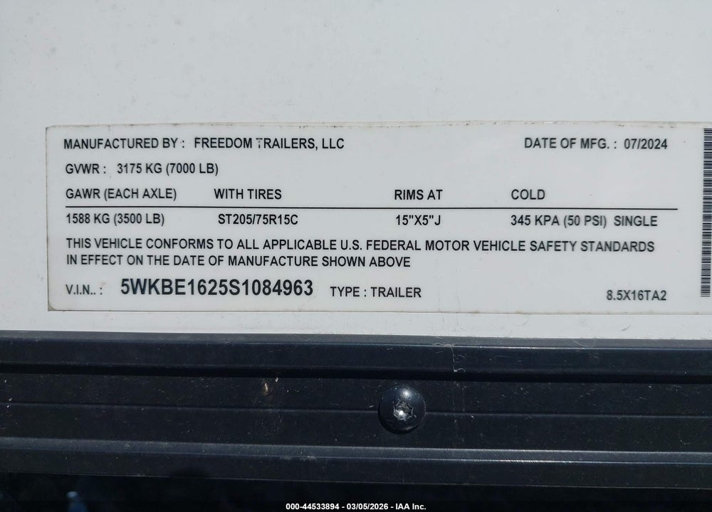 2025 TRAILER FREEDOM 16' FOOD VIN: 5WKBE1625S1084963