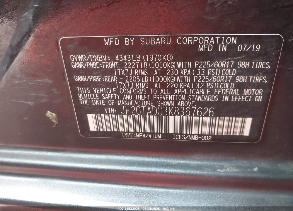 2019 SUBARU CROSSTREK PREMIUM VIN: JF2GTADC3K8367626