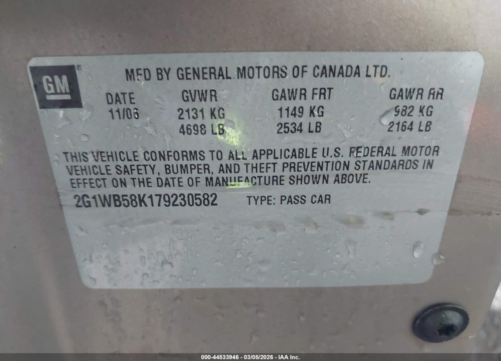 2007 CHEVROLET IMPALA LS VIN: 2G1WB58K179230582