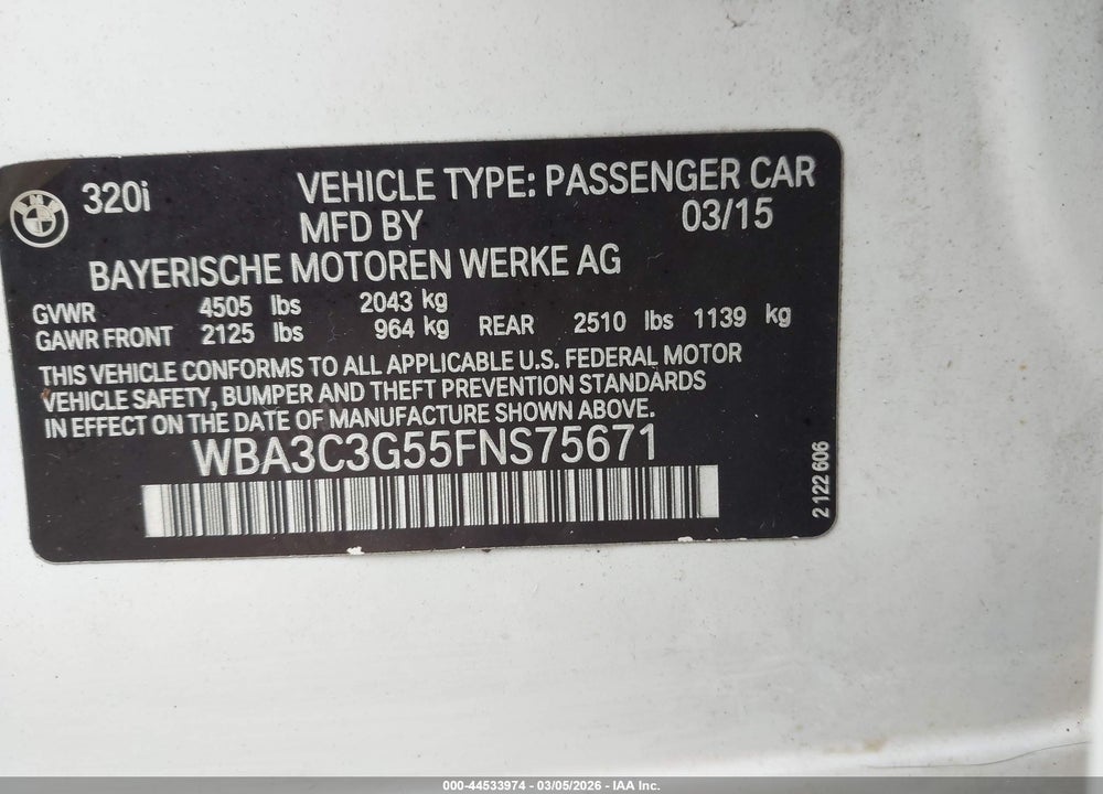 2015 BMW 320I XDRIVE VIN: WBA3C3G55FNS75671