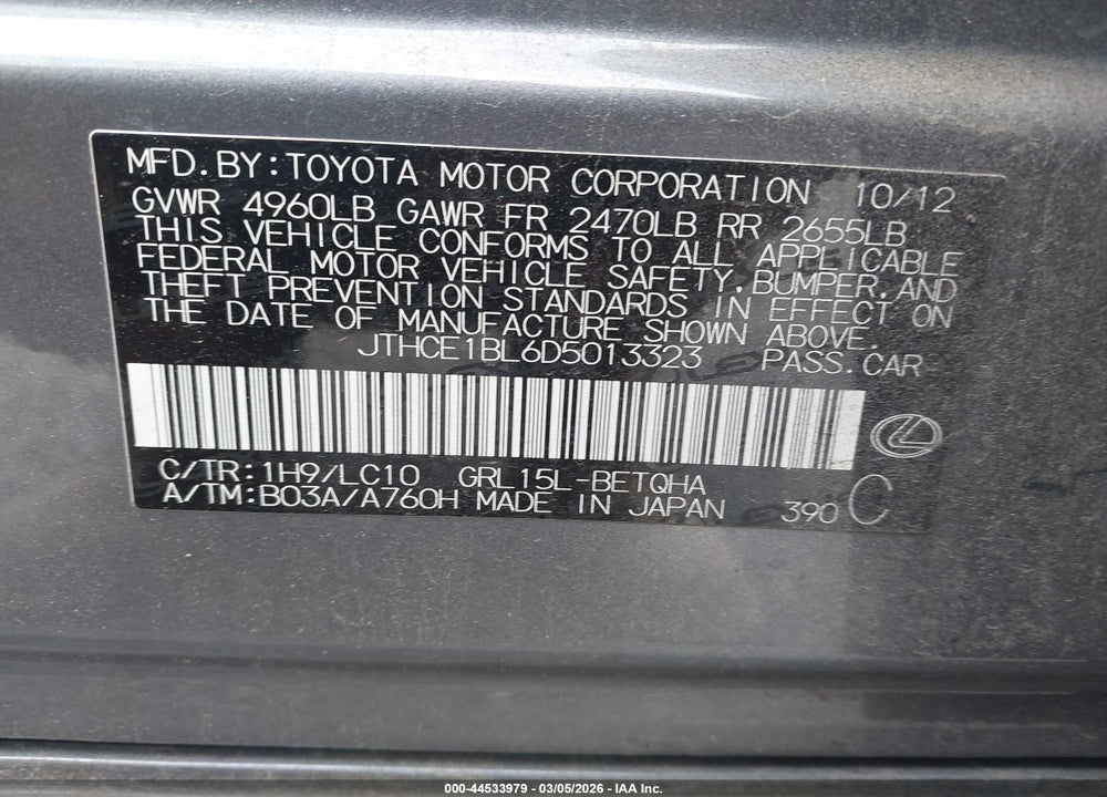 2013 LEXUS GS 350 VIN: JTHCE1BL6D5013323