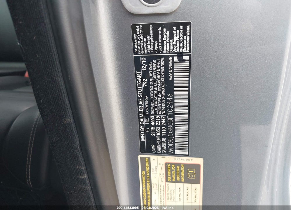 2011 MERCEDES-BENZ E 350 VIN: WDDKJ5GB0BF102446