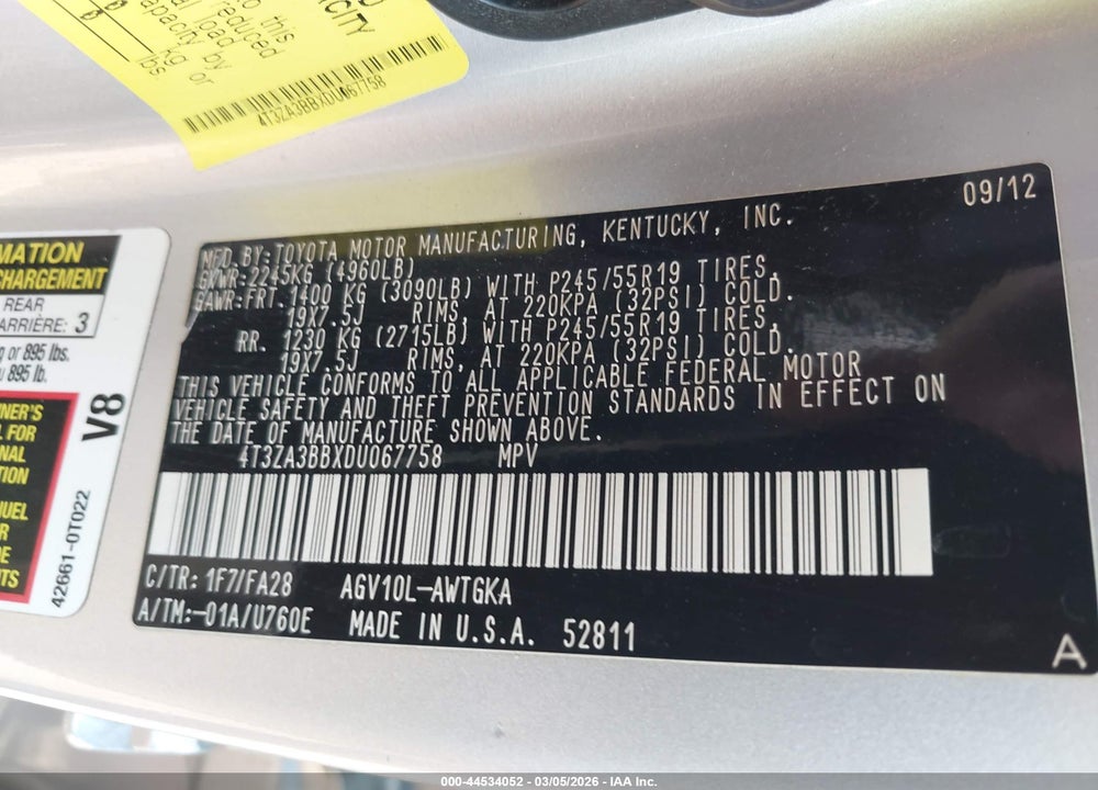 2013 TOYOTA VENZA LE VIN: 4T3ZA3BBXDU067758