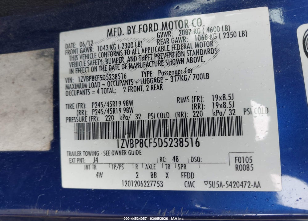 2013 FORD MUSTANG GT PREMIUM VIN: 1ZVBP8CF5D5238516