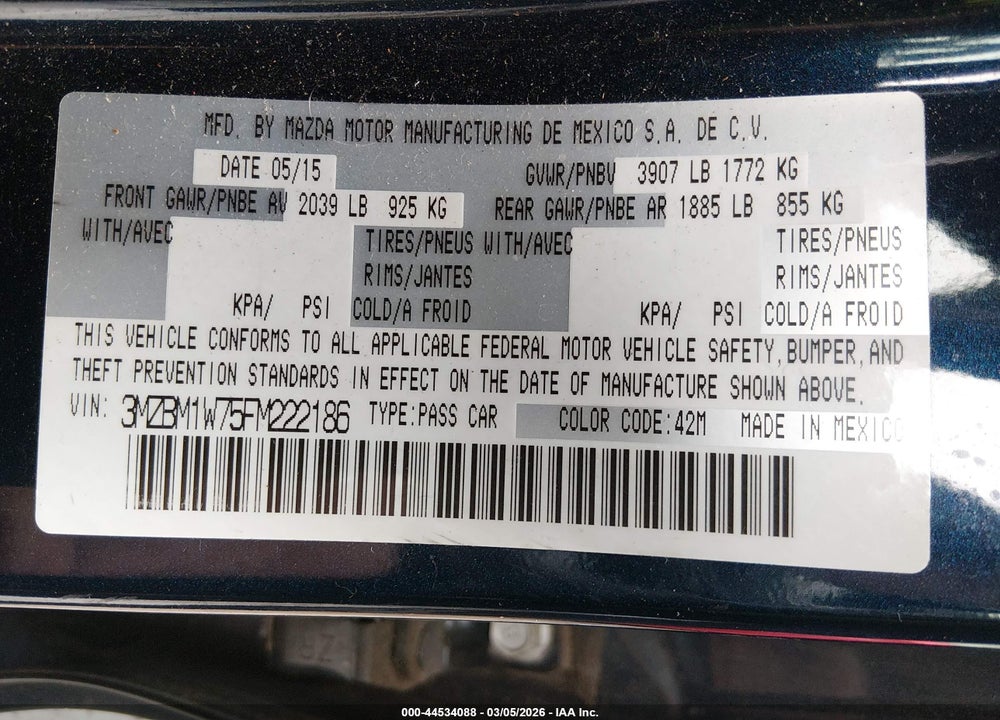 2015 MAZDA 3 I GRAND TOURING VIN: 3MZBM1W75FM222186