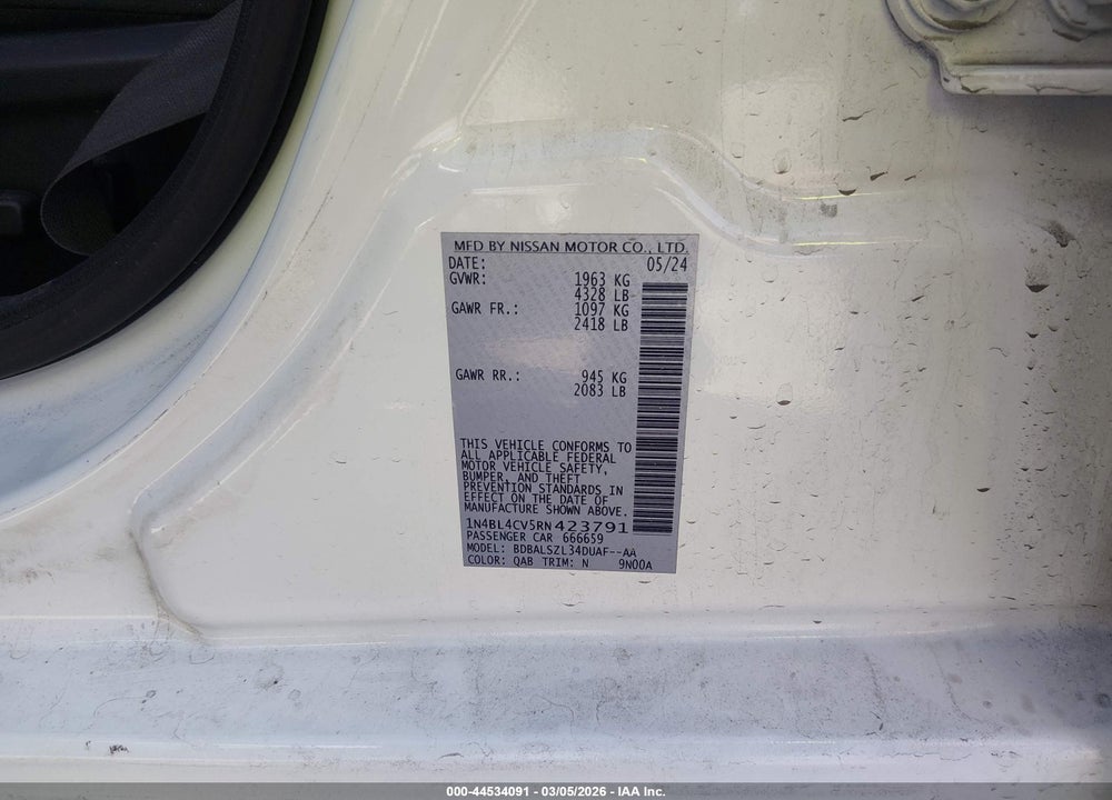 2024 NISSAN ALTIMA SR FWD VIN: 1N4BL4CV5RN423791