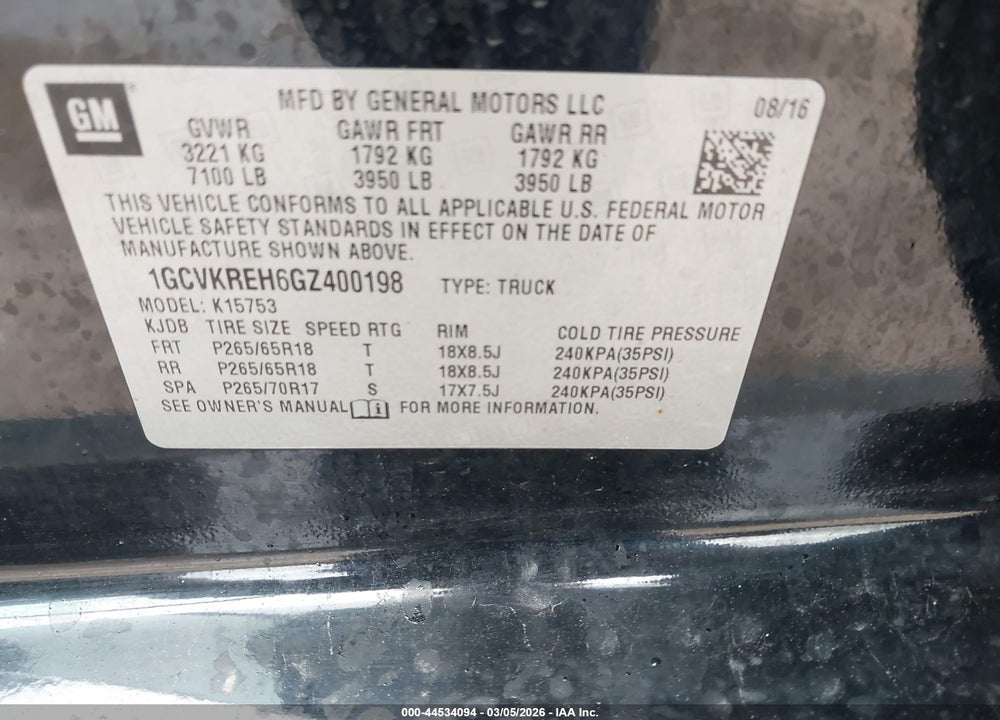 2016 CHEVROLET SILVERADO 1500 1LT VIN: 1GCVKREH6GZ400198