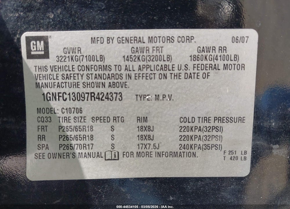 2007 CHEVROLET TAHOE LT VIN: 1GNFC13097R424373