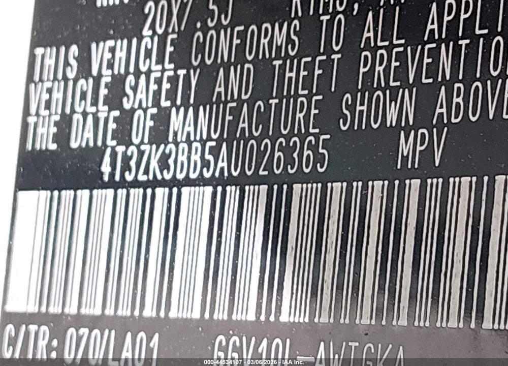 2010 TOYOTA VENZA BASE V6 VIN: 4T3ZK3BB5AU026365