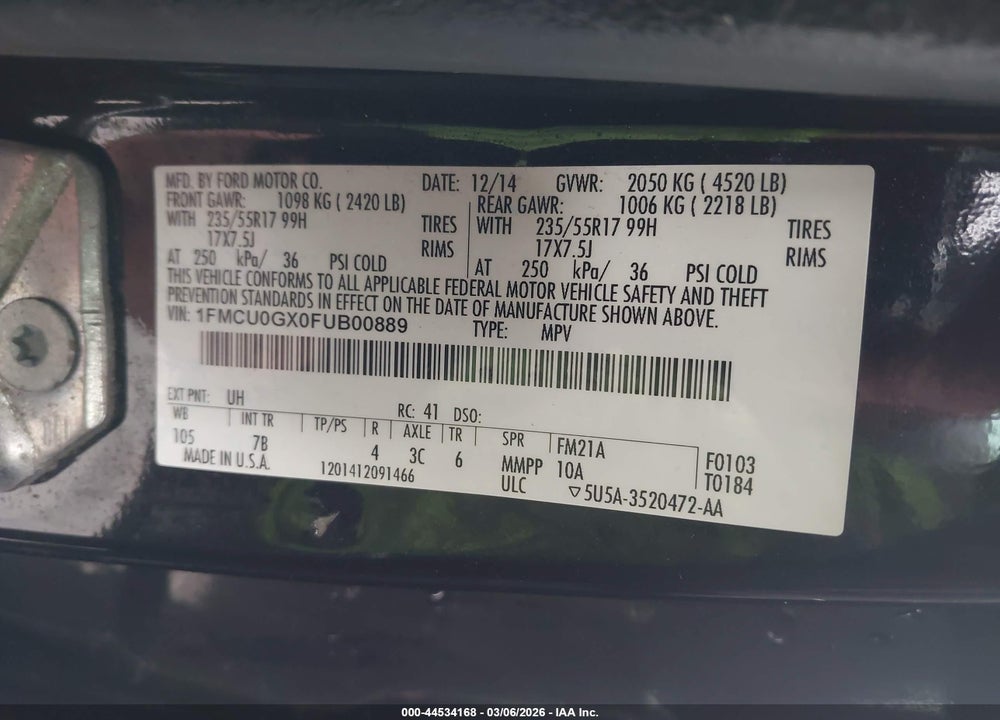 2015 FORD ESCAPE SE VIN: 1FMCU0GX0FUB00889