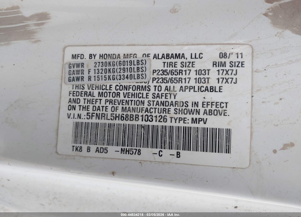 2011 HONDA ODYSSEY EX-L VIN: 5FNRL5H68BB103126