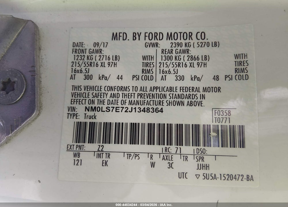 2018 FORD TRANSIT CONNECT XL VIN: NM0LS7E72J1348364
