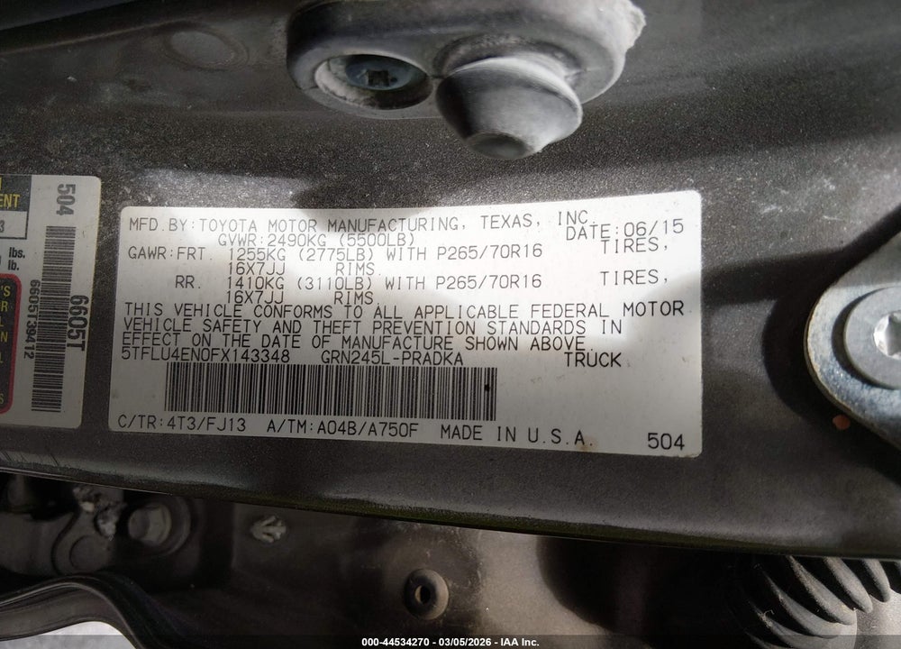 2015 TOYOTA TACOMA BASE V6 VIN: 5TFLU4EN0FX143348
