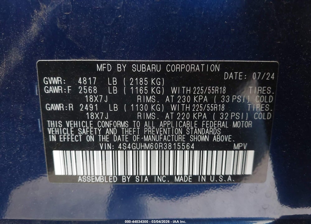 2024 SUBARU CROSSTREK LIMITED VIN: 4S4GUHM60R3815564