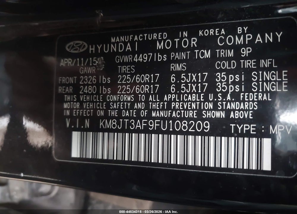 2015 HYUNDAI TUCSON GLS VIN: KM8JT3AF9FU108209