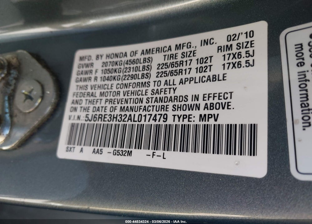 2010 HONDA CR-V LX VIN: 5J6RE3H32AL017479