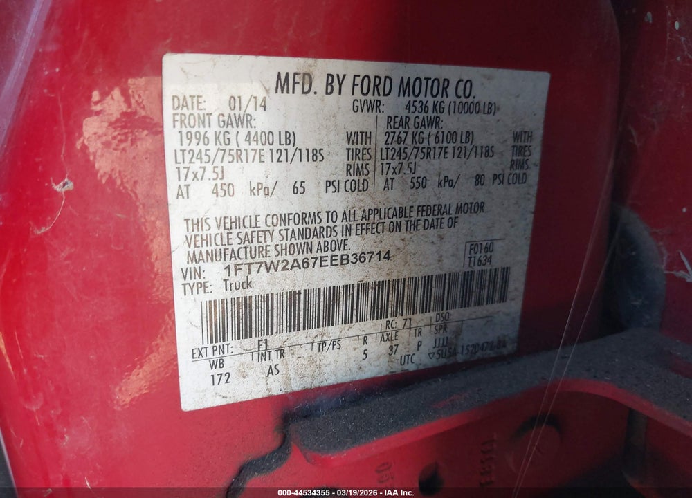 2014 FORD F-250 XL VIN: 1FT7W2A67EEB36714