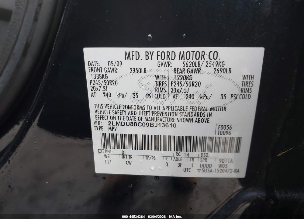 2009 LINCOLN MKX VIN: 2LMDU88C09BJ13610