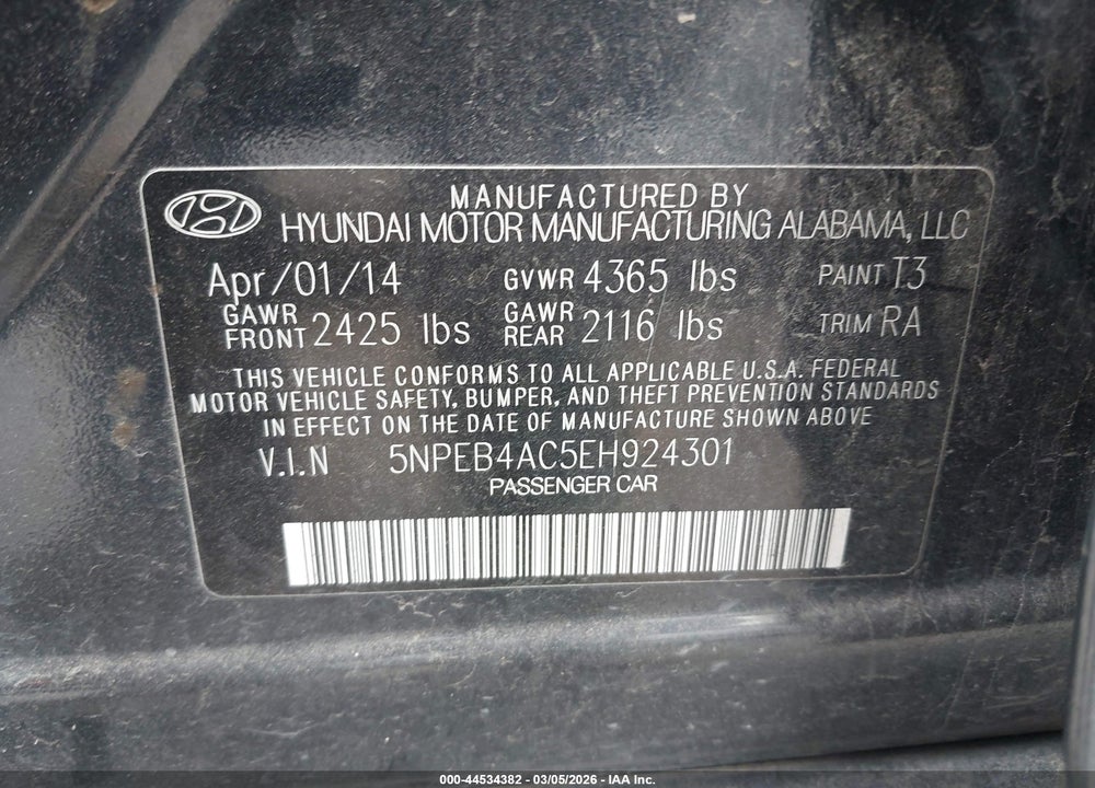 2014 HYUNDAI SONATA GLS VIN: 5NPEB4AC5EH924301