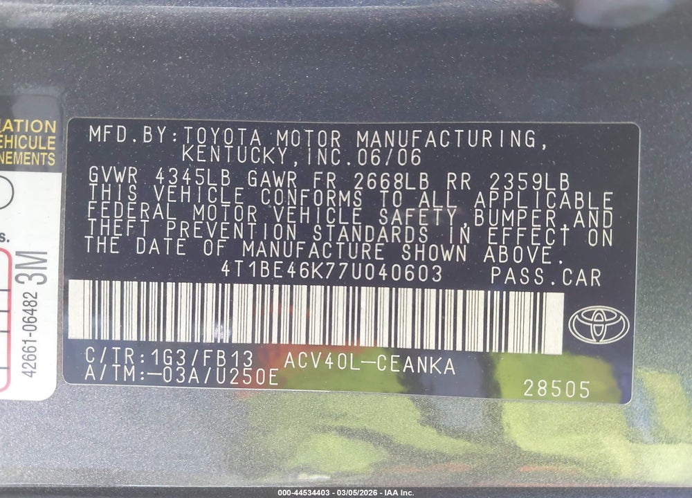 2007 TOYOTA CAMRY LE VIN: 4T1BE46K77U040603