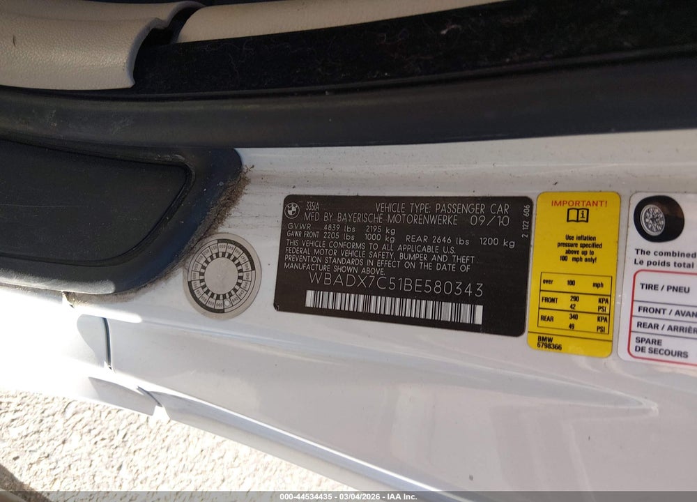 2011 BMW 335I VIN: WBADX7C51BE580343