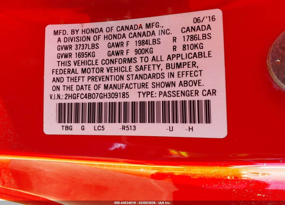 2016 HONDA CIVIC LX-P VIN: 2HGFC4B07GH309185