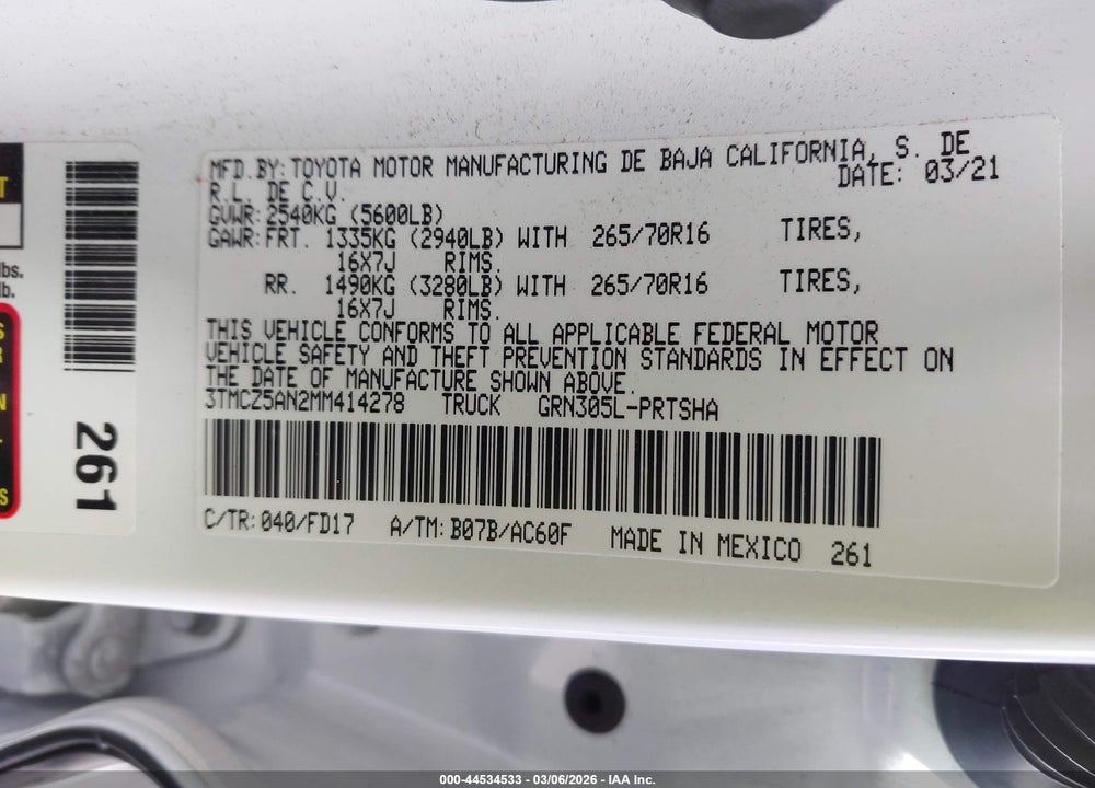 2021 TOYOTA TACOMA TRD OFF-ROAD VIN: 3TMCZ5AN2MM414278
