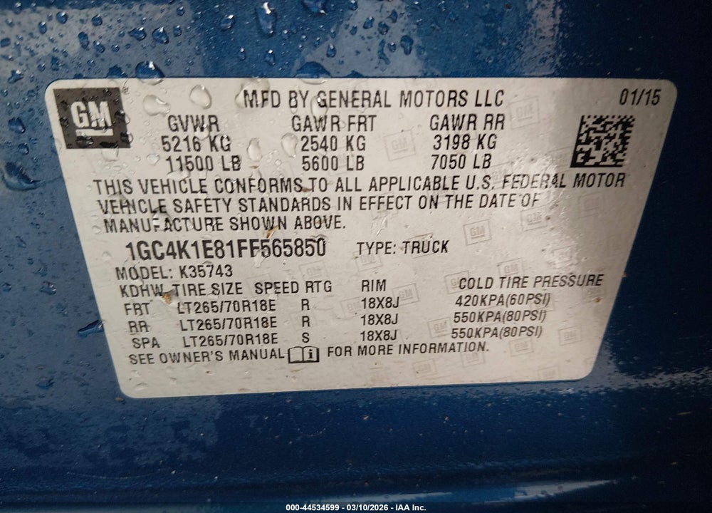 2015 CHEVROLET SILVERADO 3500HD HIGH COUNTRY VIN: 1GC4K1E81FF565850