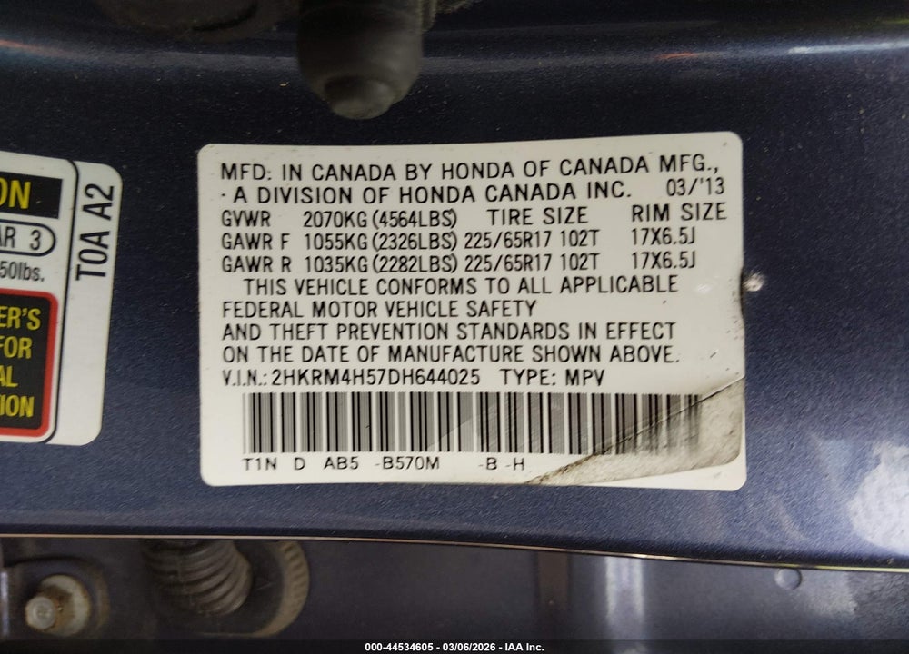 2013 HONDA CR-V EX VIN: 2HKRM4H57DH644025