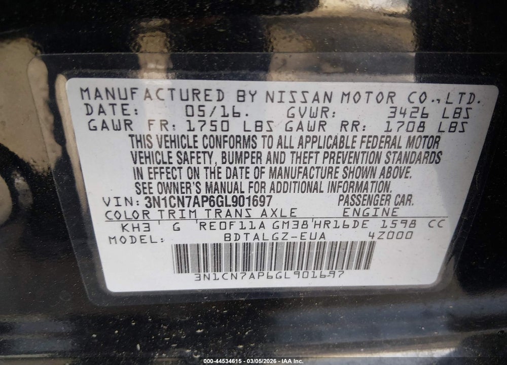2016 NISSAN VERSA 1.6 SL VIN: 3N1CN7AP6GL901697