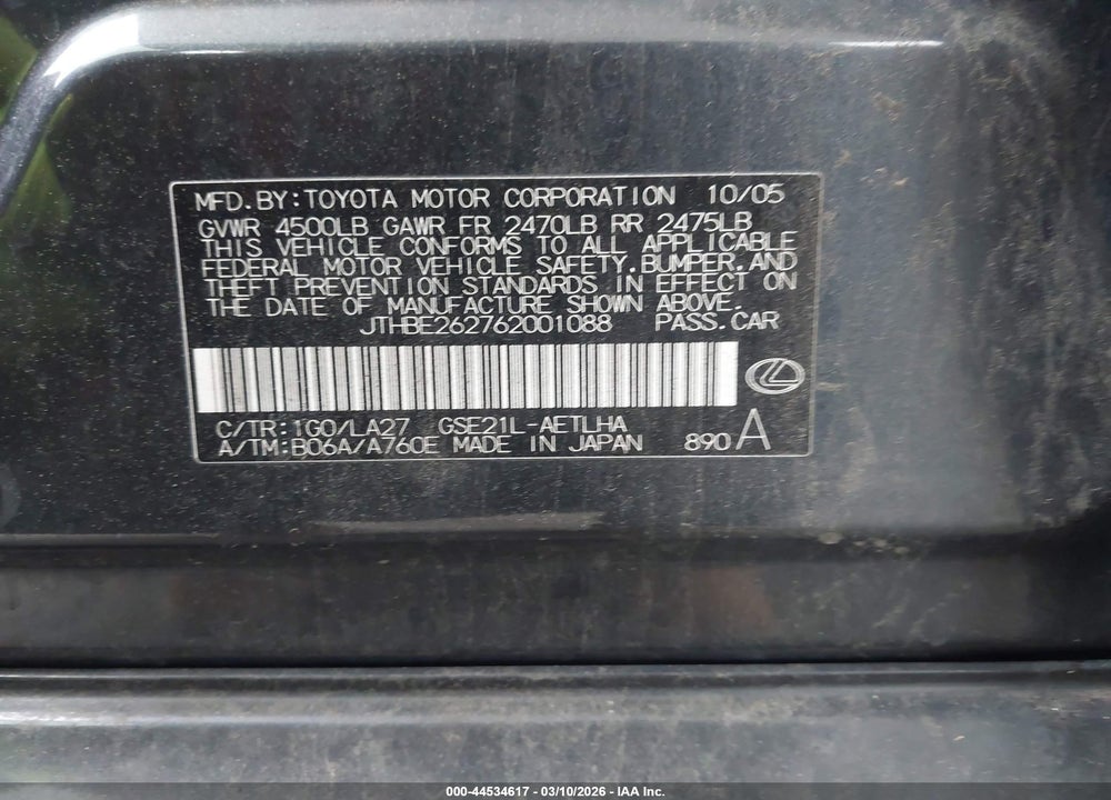 2006 LEXUS IS 350 VIN: JTHBE262762001088