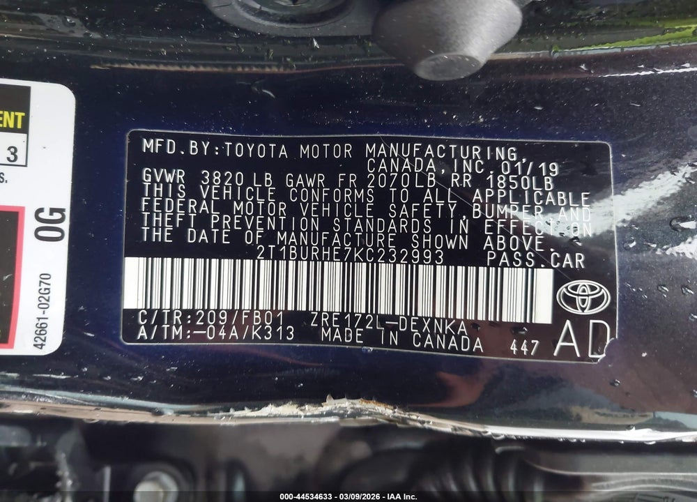 2019 TOYOTA COROLLA LE VIN: 2T1BURHE7KC232993