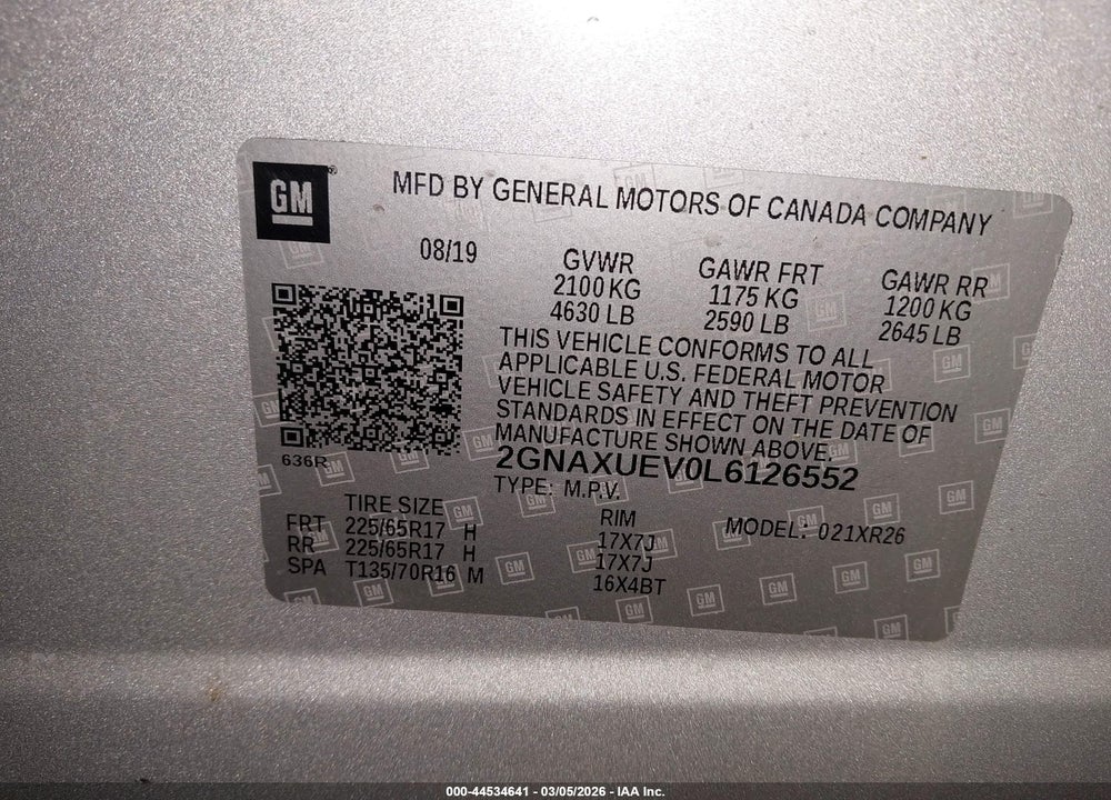 2020 CHEVROLET EQUINOX AWD LT 1.5L TURBO VIN: 2GNAXUEV0L6126552