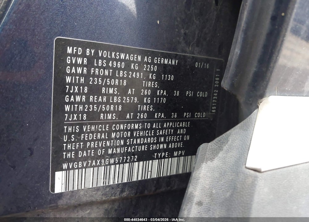 2016 VOLKSWAGEN TIGUAN SE VIN: WVGBV7AX9GW577272