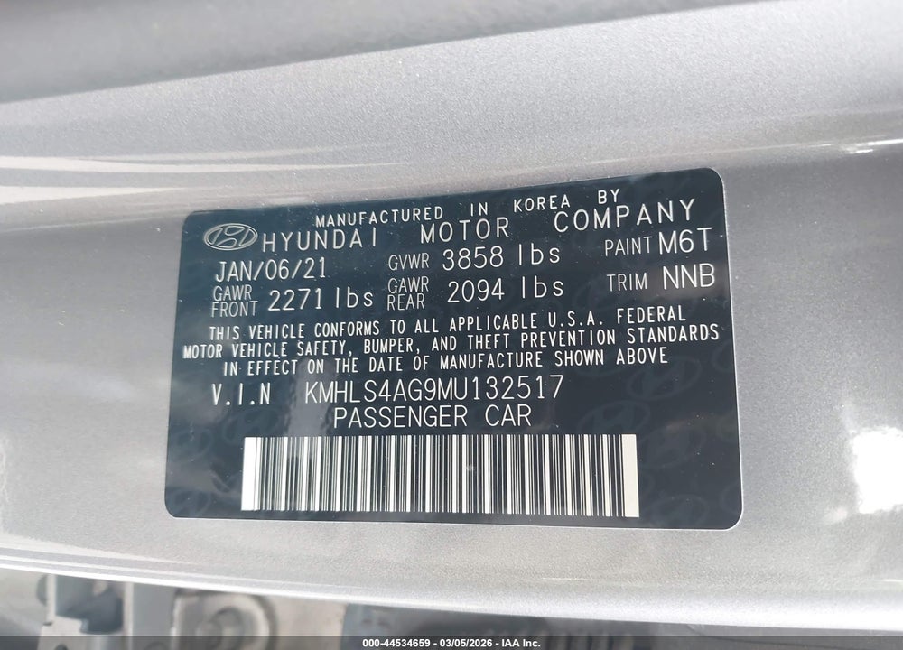 2021 HYUNDAI ELANTRA SEL VIN: KMHLS4AG9MU132517