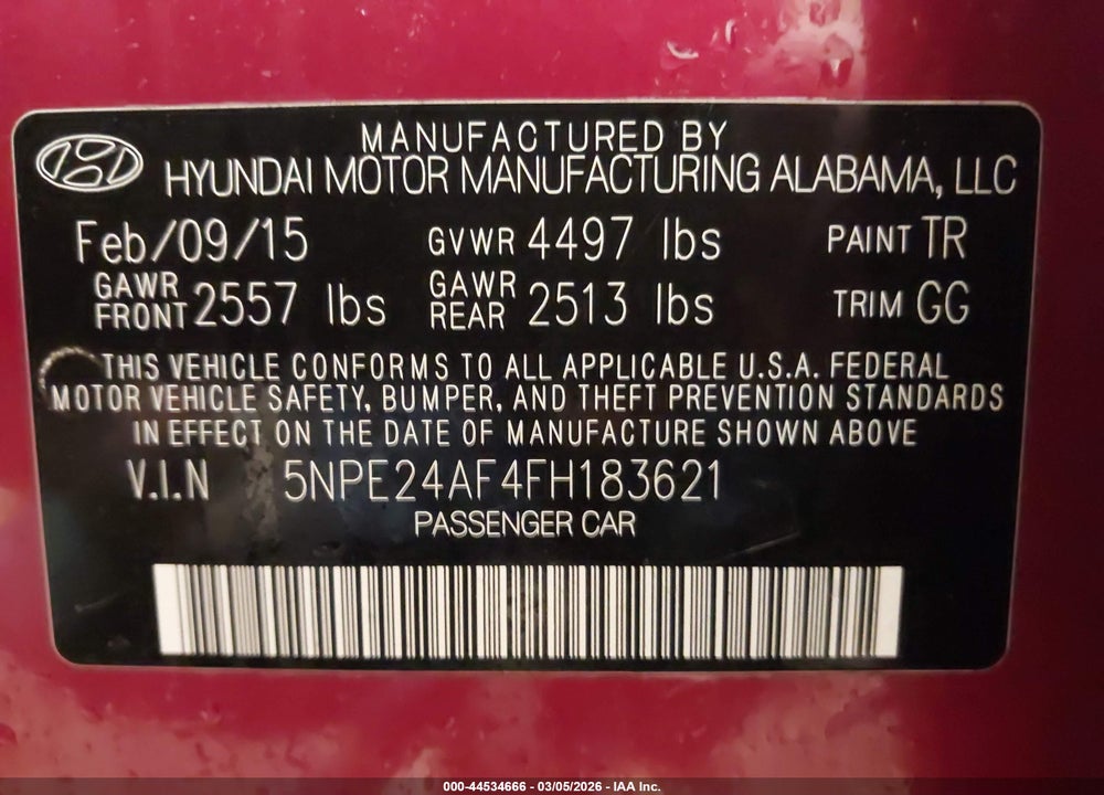 2015 HYUNDAI SONATA SE VIN: 5NPE24AF4FH183621
