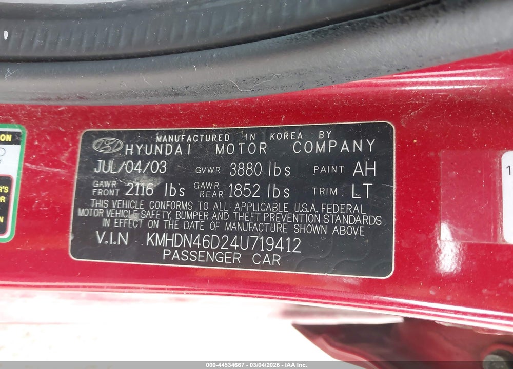 2004 HYUNDAI ELANTRA GLS/GT VIN: KMHDN46D24U719412