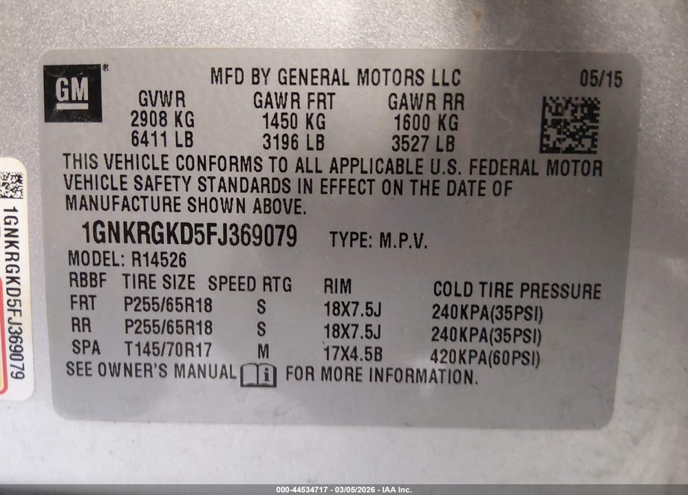 2015 CHEVROLET TRAVERSE 1LT VIN: 1GNKRGKD5FJ369079