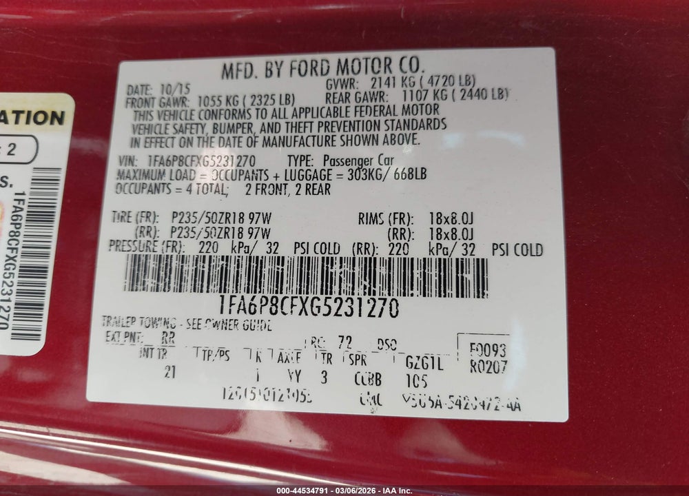 2016 FORD MUSTANG GT VIN: 1FA6P8CFXG5231270