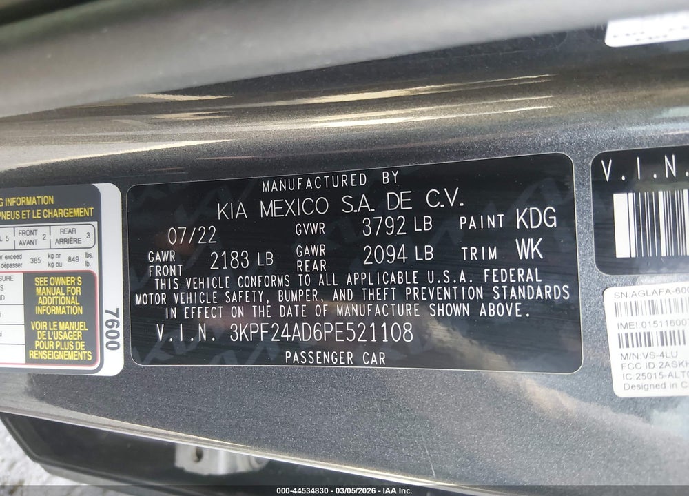 2023 KIA FORTE LX VIN: 3KPF24AD6PE521108