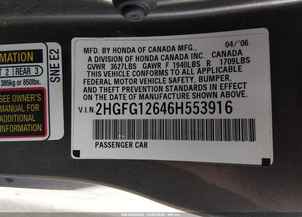 2006 HONDA CIVIC LX VIN: 2HGFG12646H553916
