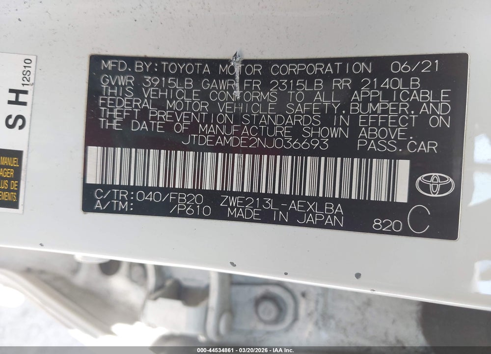 2022 TOYOTA COROLLA HYBRID LE VIN: JTDEAMDE2NJ036693