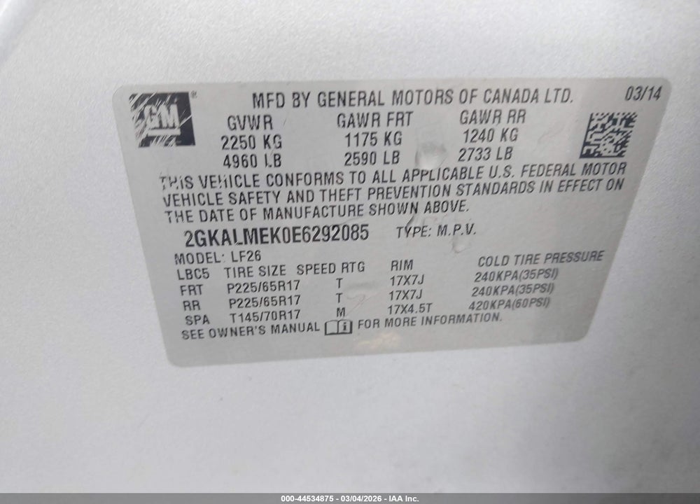 2014 GMC TERRAIN SLE-1 VIN: 2GKALMEK0E6292085
