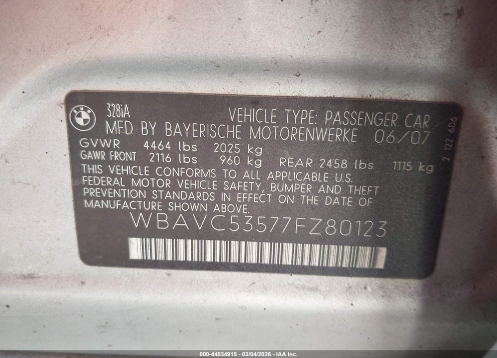 2007 BMW 328I VIN: WBAVC53577FZ80123