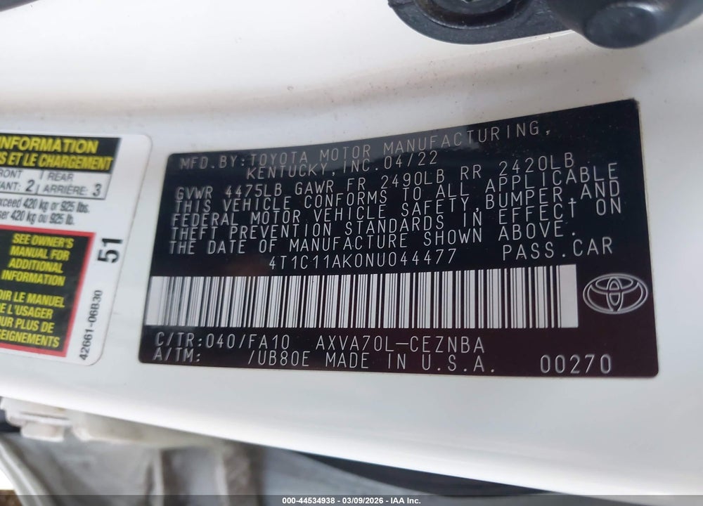 2022 TOYOTA CAMRY LE VIN: 4T1C11AK0NU044477