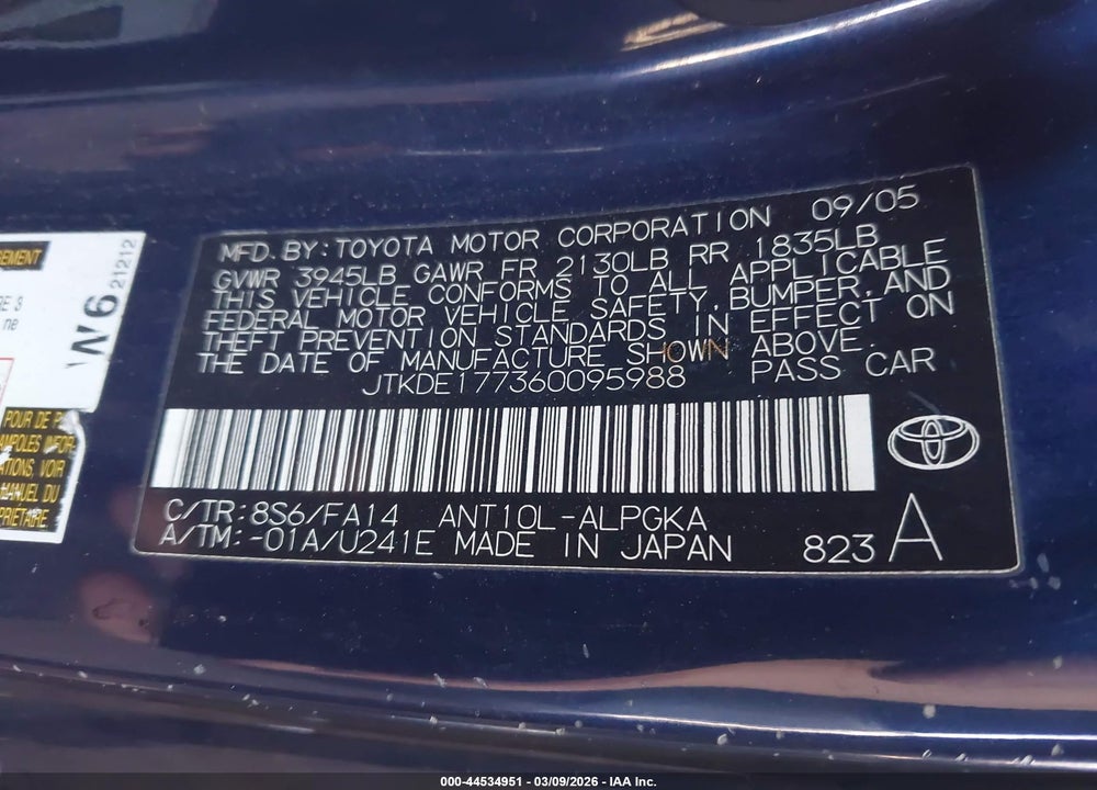 2006 SCION TC VIN: JTKDE177360095988