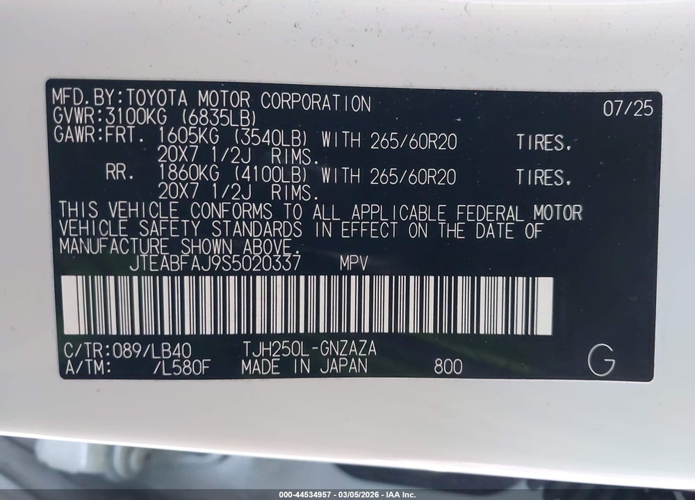 2025 TOYOTA LAND CRUISER VIN: JTEABFAJ9S5020337