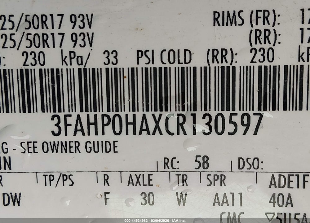 2012 FORD FUSION SE VIN: 3FAHP0HAXCR130597