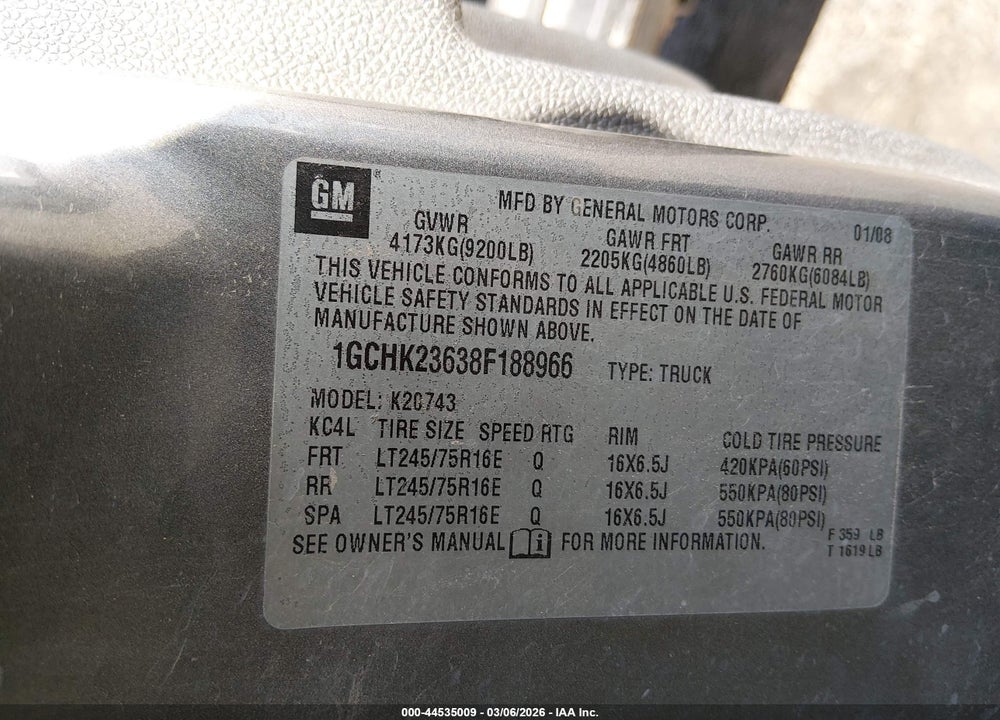 2008 CHEVROLET SILVERADO 2500HD LT2 VIN: 1GCHK23638F188966